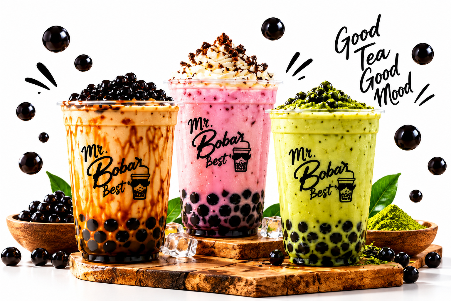 Mr. Boba Best signature bubble tea drinks in caramel, strawberry, and green tea flavors